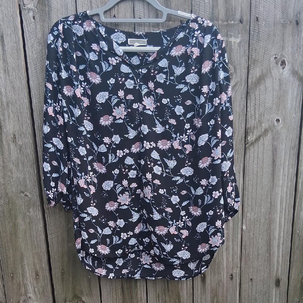 Pleione Floral Black and Pink Women's Top Size L 3/4 sleeves Elastic cuffs